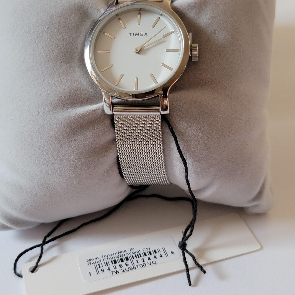 Timex Silver Mesh Bracelet Watch Womens White Dial Dress Quartz TW 2U86700 VQ